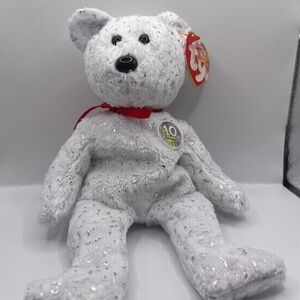 TY Beanie Baby DECADE White "10 yrs" Anniversary Sparkly Teddy Bear 2003